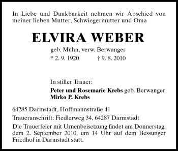 Traueranzeige von Elvira Weber von Darmstädter Echo, Odenwälder Echo, Rüsselsheimer Echo, Groß-Gerauer-Echo, Ried Echo