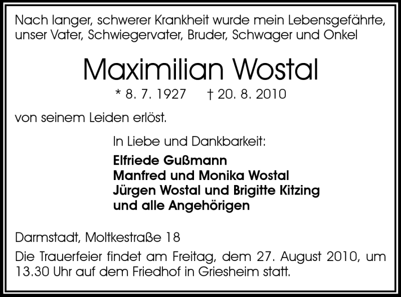  Traueranzeige für Maximillian Wastal vom 23.08.2010 aus Echo-Zeitungen (Gesamtausgabe)
