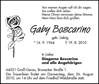Traueranzeige von Gaby Boscarino von Rüsselsheimer Echo, Groß-Gerauer-Echo, Ried Echo
