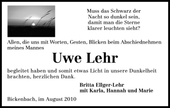 Traueranzeige von Uwe Lehr von Darmstädter Echo, Odenwälder Echo, Rüsselsheimer Echo, Groß-Gerauer-Echo, Ried Echo