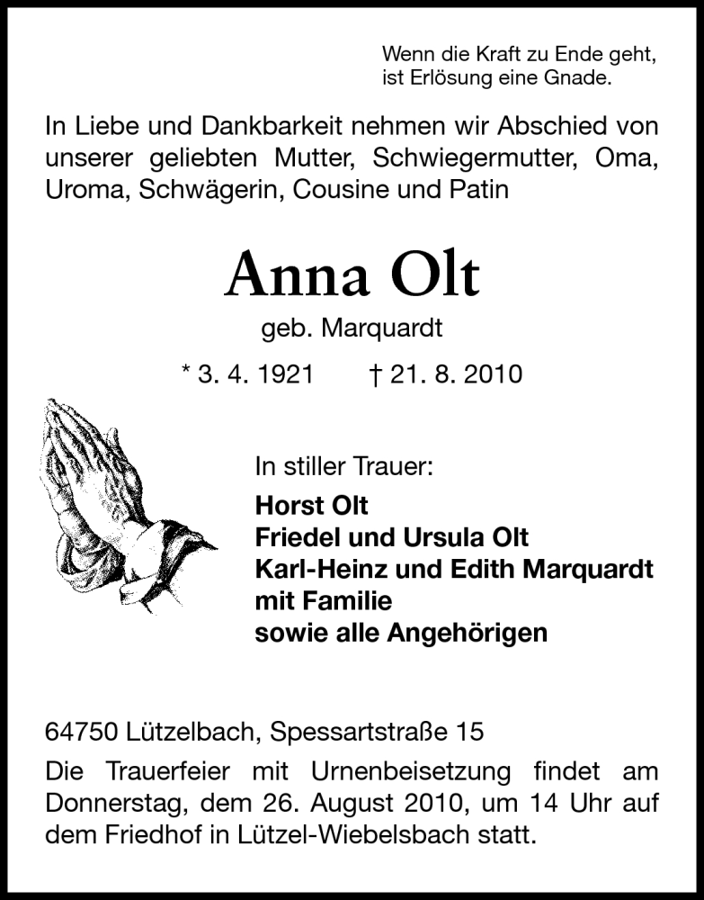  Traueranzeige für Anna Olt vom 24.08.2010 aus Odenwälder Echo