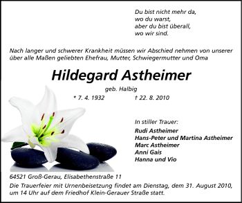 Traueranzeige von Hildegard Astheimer von Rüsselsheimer Echo, Groß-Gerauer-Echo, Ried Echo