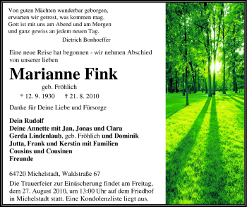 Traueranzeige von Marianne Fink von Odenwälder Echo