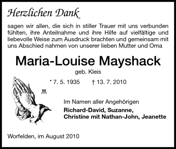 Traueranzeige von Maria-Louise Mayshack von Rüsselsheimer Echo, Groß-Gerauer-Echo, Ried Echo