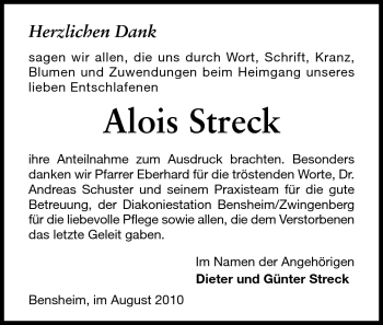 Traueranzeige von Alois Streck von Starkenburger Echo, Bergsträßer Anzeiger