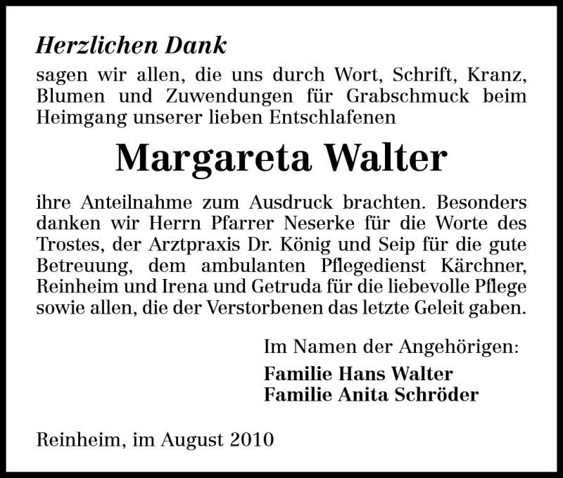  Traueranzeige für Margareta Walter vom 28.08.2010 aus Darmstädter Echo, Odenwälder Echo, Rüsselsheimer Echo, Groß-Gerauer-Echo, Ried Echo