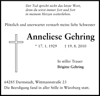 Traueranzeige von Anneliese Gehring von Darmstädter Echo, Odenwälder Echo, Rüsselsheimer Echo, Groß-Gerauer-Echo, Ried Echo