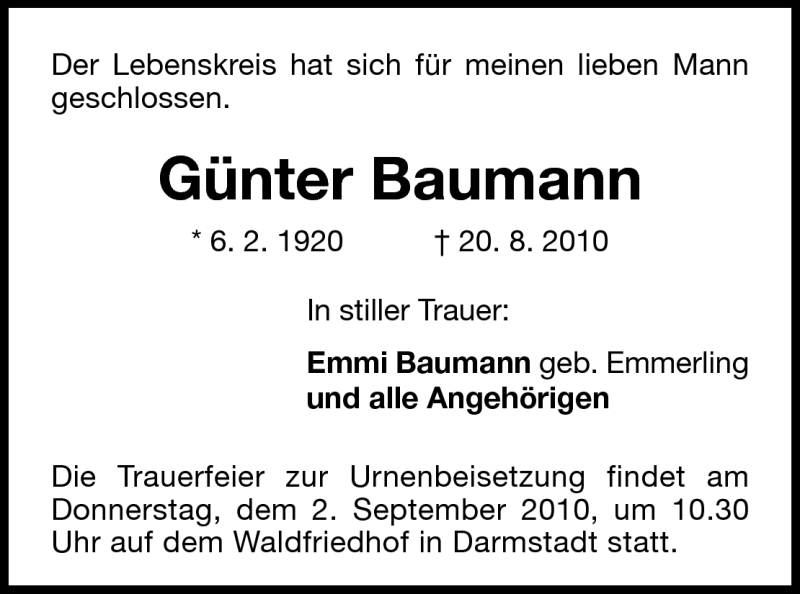  Traueranzeige für Günter Baumann vom 28.08.2010 aus Darmstädter Echo, Odenwälder Echo, Rüsselsheimer Echo, Groß-Gerauer-Echo, Ried Echo
