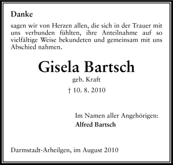 Traueranzeige von Gisela Bartsch von Darmstädter Echo, Odenwälder Echo, Rüsselsheimer Echo, Groß-Gerauer-Echo, Ried Echo