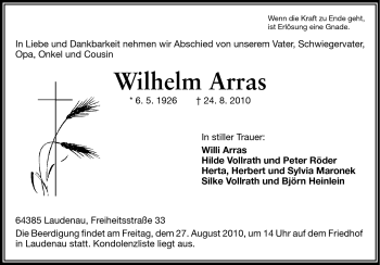 Traueranzeige von Wilhelm Arras von Odenwälder Echo