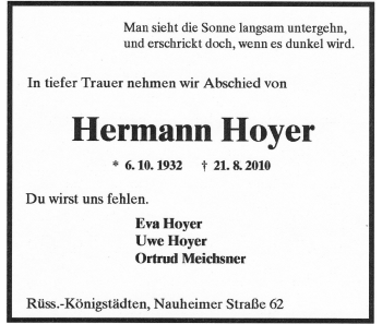 Traueranzeige von Hermann Hoyer von Rüsselsheimer Echo, Groß-Gerauer-Echo, Ried Echo