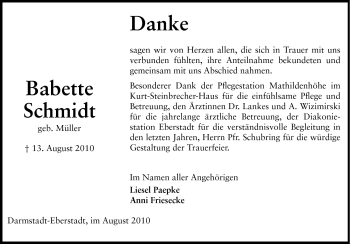 Traueranzeige von Babette Schmidt von Echo-Zeitungen (Gesamtausgabe)