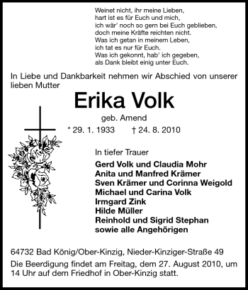 Traueranzeige von Erika Volk von Odenwälder Echo