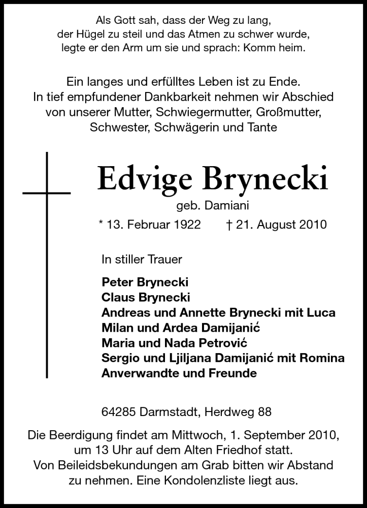  Traueranzeige für Edvige Brynecki vom 28.08.2010 aus Echo-Zeitungen (Gesamtausgabe)