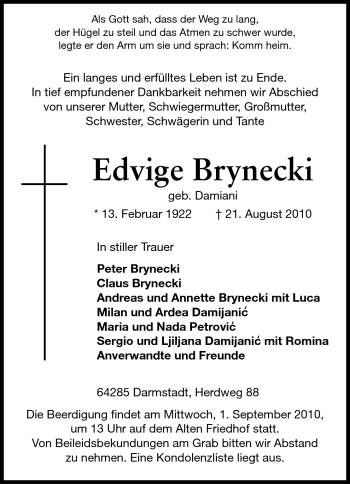 Traueranzeige von Edvige Brynecki von Echo-Zeitungen (Gesamtausgabe)