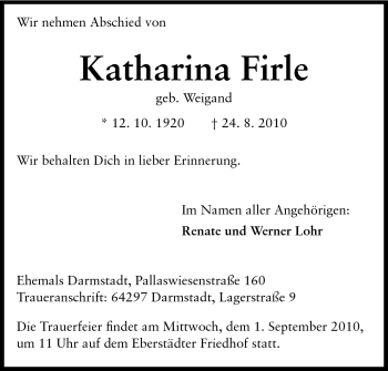 Traueranzeige von Katharina Firle von Echo-Zeitungen (Gesamtausgabe)