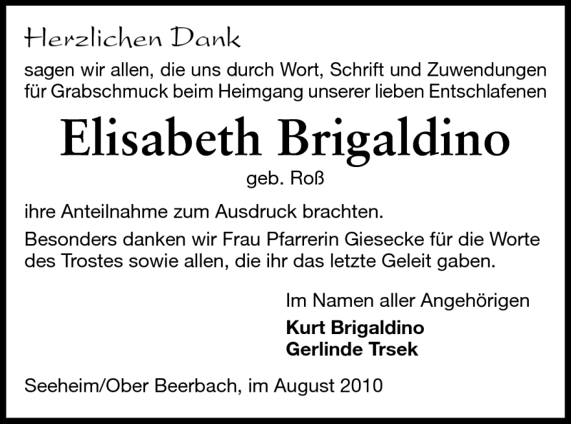  Traueranzeige für Elisabeth Brigaldino vom 28.08.2010 aus Echo-Zeitungen (Gesamtausgabe)