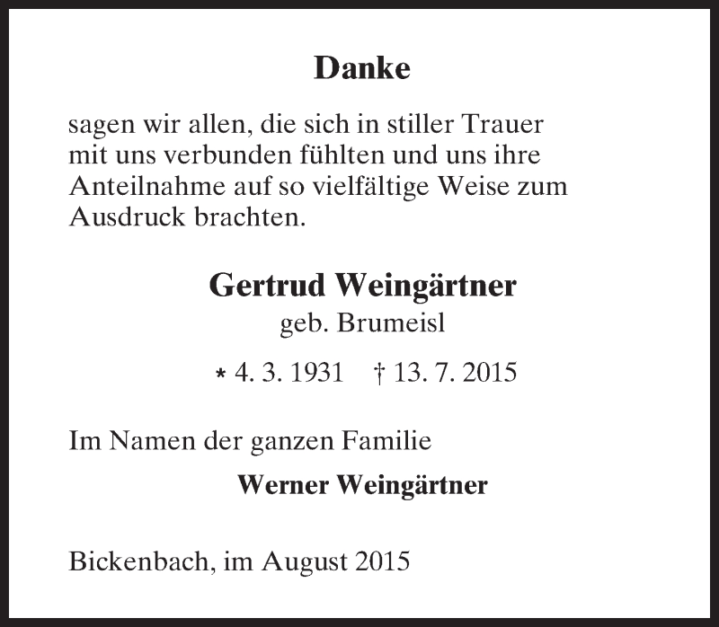  Traueranzeige für Gertrud Weingärtner vom 08.08.2015 aus trauer.echo-online.de