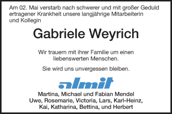 Traueranzeige von Gabriele Weyrich von Odenwälder Echo