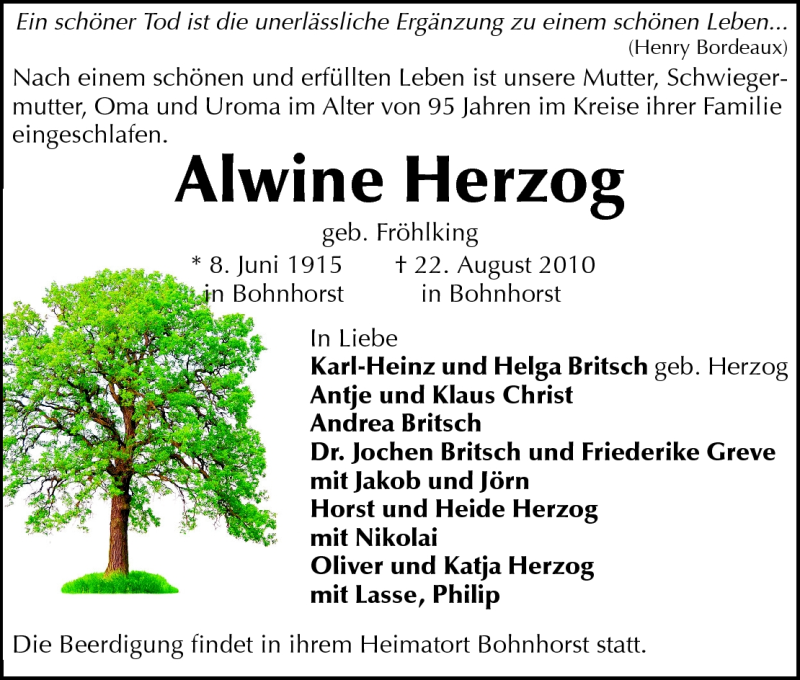 Traueranzeige für Alvine Herzog vom 28.08.2010 aus Darmstädter Echo, Odenwälder Echo, Rüsselsheimer Echo, Groß-Gerauer-Echo, Ried Echo