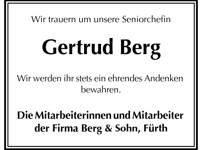  Traueranzeige für Gertrud Berg vom 28.08.2010 aus Starkenburger Echo