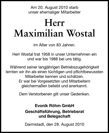 Traueranzeige von Maximilian Wostal von Echo-Zeitungen (Gesamtausgabe)