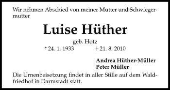 Traueranzeige von Luise Hüther von Darmstädter Echo, Odenwälder Echo, Rüsselsheimer Echo, Groß-Gerauer-Echo, Ried Echo