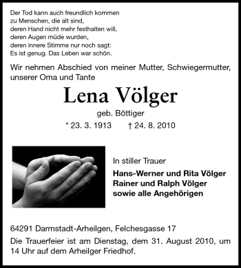 Traueranzeige von Lena Völger von Echo-Zeitungen (Gesamtausgabe)