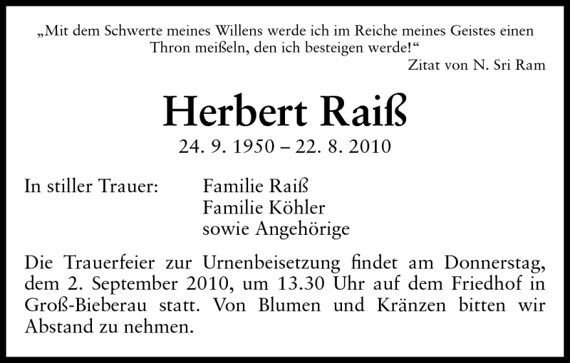  Traueranzeige für Herbert Raiß vom 30.08.2010 aus Darmstädter Echo, Odenwälder Echo, Rüsselsheimer Echo, Groß-Gerauer-Echo, Ried Echo