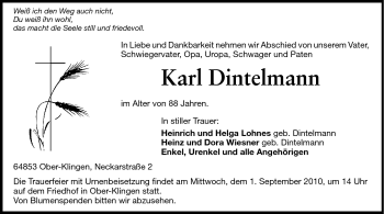 Traueranzeige von Karl Dintelmann von Echo-Zeitungen (Gesamtausgabe)