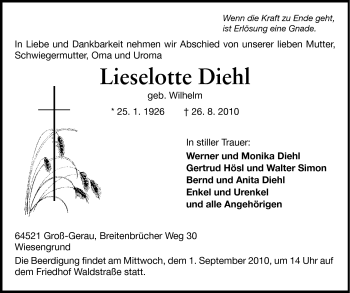 Traueranzeige von Lieselotte Diehl von Rüsselsheimer Echo, Groß-Gerauer-Echo, Ried Echo