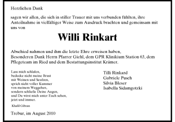 Traueranzeige von Willi Rinkart von Rüsselsheimer Echo, Groß-Gerauer-Echo, Ried Echo