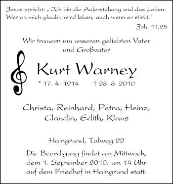 Traueranzeige von Kurt Warney von Odenwälder Echo