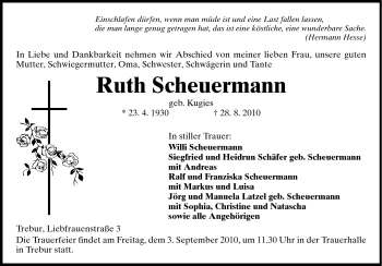Traueranzeige von Ruth Scheuermann von Rüsselsheimer Echo, Groß-Gerauer-Echo, Ried Echo