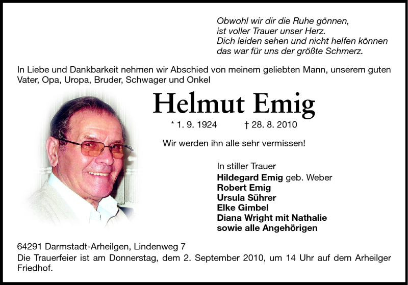 Traueranzeige für Helmut Emig vom 31.08.2010 aus Echo-Zeitungen (Gesamtausgabe)