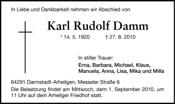 Traueranzeige von Karl Rudolf Damm von Echo-Zeitungen (Gesamtausgabe)
