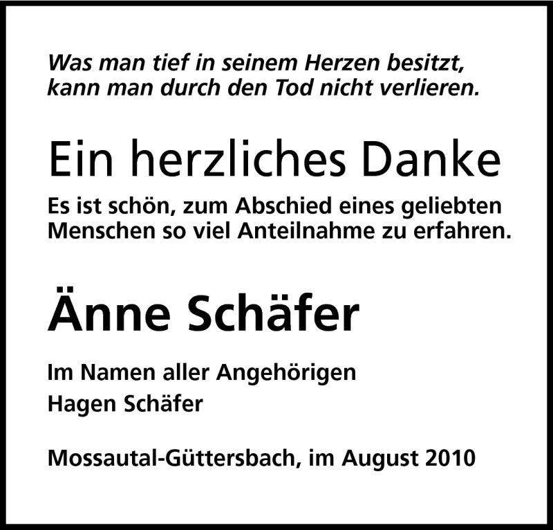  Traueranzeige für Änne Schäfer vom 01.09.2010 aus Odenwälder Echo