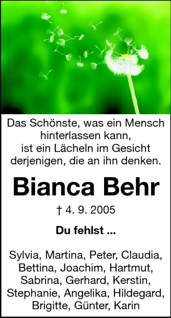Traueranzeige von Bianca Behr von Darmstädter Echo, Odenwälder Echo, Rüsselsheimer Echo, Groß-Gerauer-Echo, Ried Echo