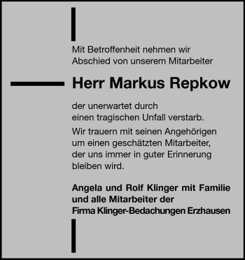 Traueranzeige von Markus Repkow von Echo-Zeitungen (Gesamtausgabe)