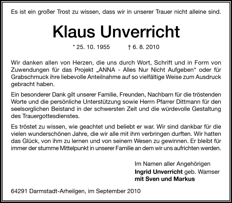  Traueranzeige für Klaus Unverricht vom 04.09.2010 aus Echo-Zeitungen (Gesamtausgabe)
