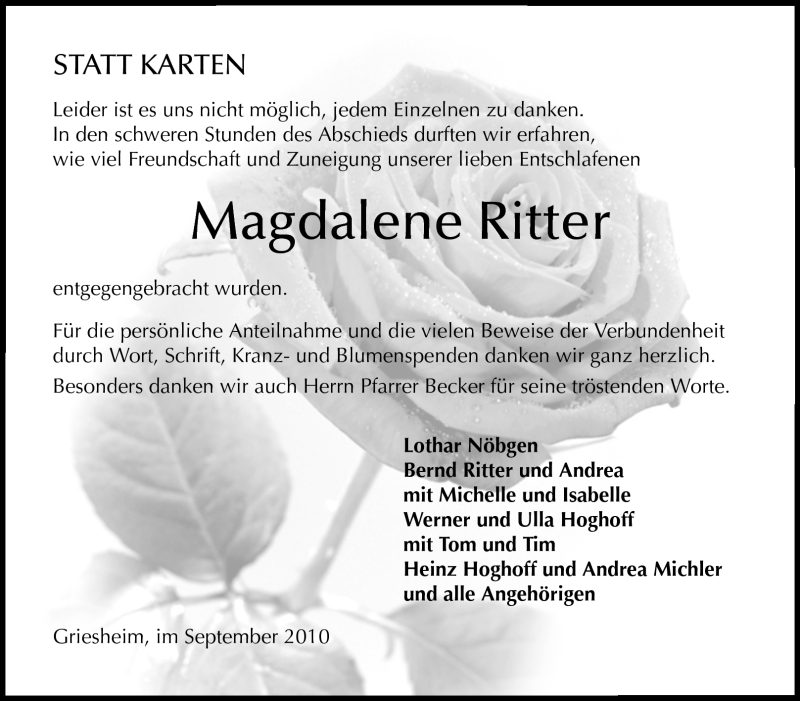  Traueranzeige für Magdalene Ritter vom 04.09.2010 aus Echo-Zeitungen (Gesamtausgabe)