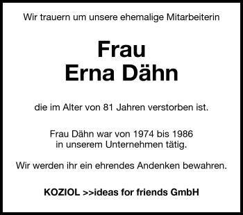 Traueranzeige von Erna Dähn von Odenwälder Echo