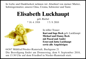 Traueranzeige von Elisabeth Luckhaupt von Darmstädter Echo, Odenwälder Echo, Rüsselsheimer Echo, Groß-Gerauer-Echo, Ried Echo