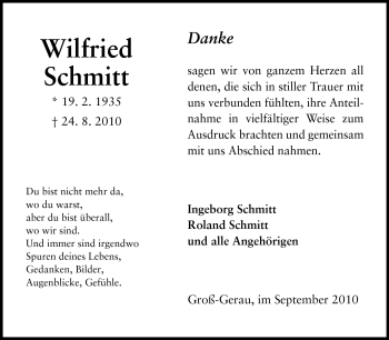 Traueranzeige von Wilfried Schmitt von Rüsselsheimer Echo, Groß-Gerauer-Echo, Ried Echo