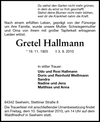 Traueranzeige von Gretel Hallmann von Echo-Zeitungen (Gesamtausgabe)