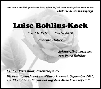 Traueranzeige von Luise Bohlius-Kock von Echo-Zeitungen (Gesamtausgabe)