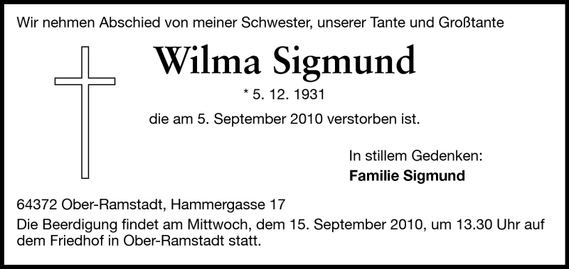  Traueranzeige für Wilma Sigmund vom 11.09.2010 aus Darmstädter Echo, Odenwälder Echo, Rüsselsheimer Echo, Groß-Gerauer-Echo, Ried Echo