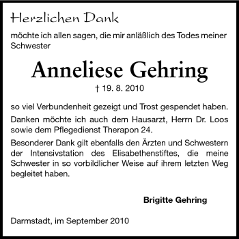Traueranzeige von Anneliese Gehring von Darmstädter Echo, Odenwälder Echo, Rüsselsheimer Echo, Groß-Gerauer-Echo, Ried Echo