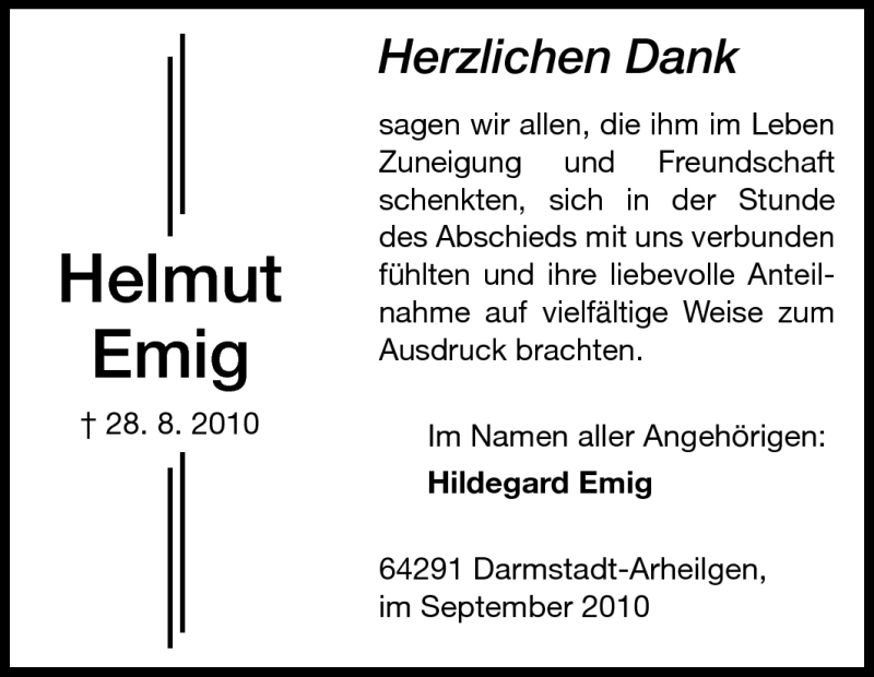  Traueranzeige für Helmut Emig vom 11.09.2010 aus Echo-Zeitungen (Gesamtausgabe)