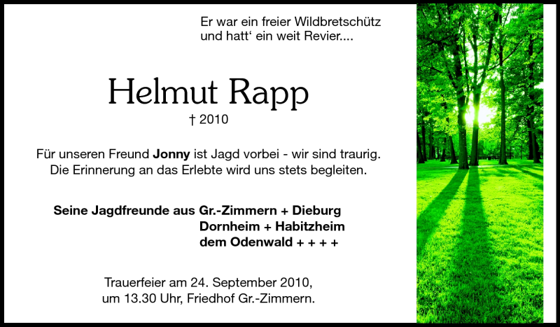  Traueranzeige für Helmut Rapp vom 18.09.2010 aus Echo-Zeitungen (Gesamtausgabe)